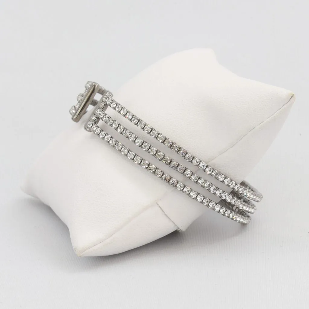 Triple box-snake chain bracelet with inlaid diamond-like cubic zirconia stones