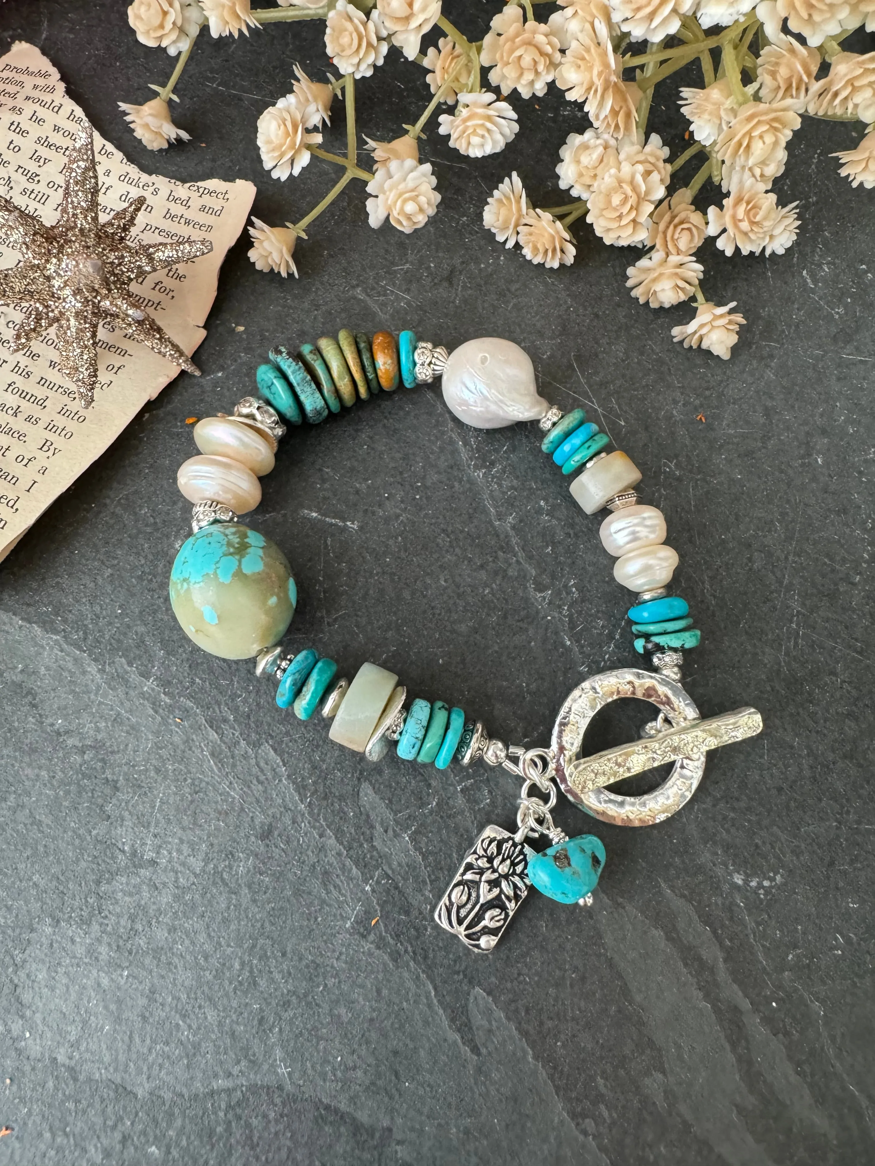 Turquoise, baroque pearls, Amazonite and sterling silver, bracelet