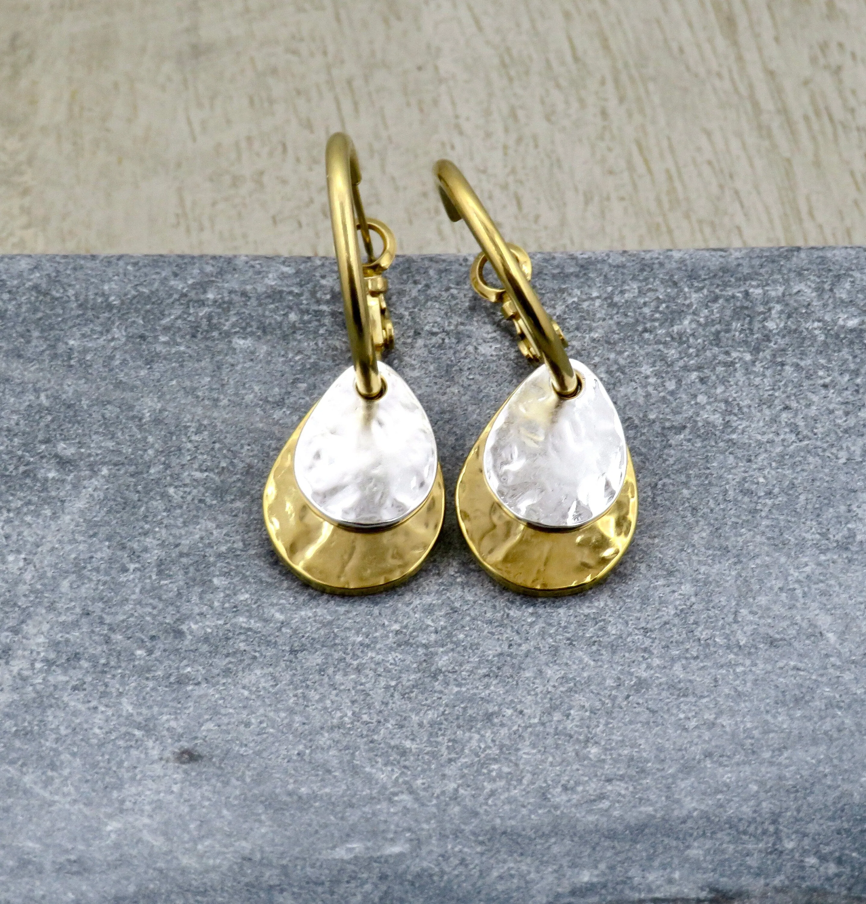 Two Tone Teardrop Hoop Earrings - Silver with Gold