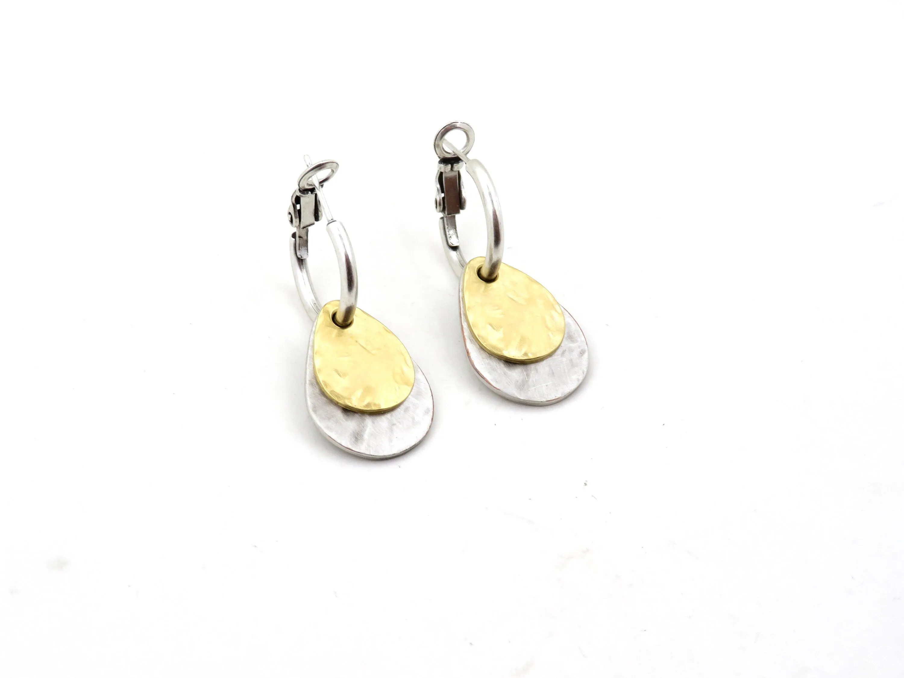 Two Tone Teardrop Hoop Earrings - Silver with Gold