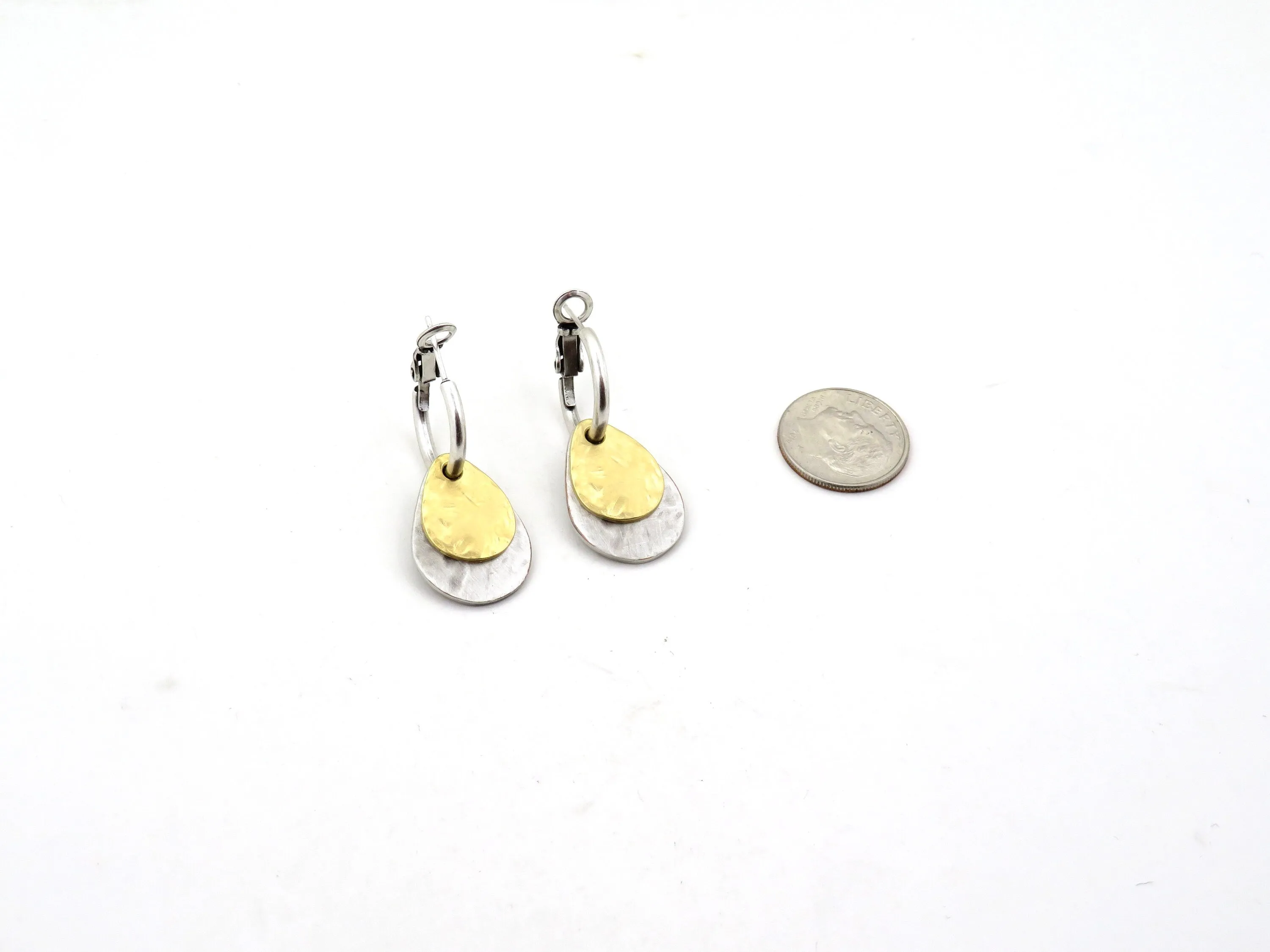 Two Tone Teardrop Hoop Earrings - Silver with Gold