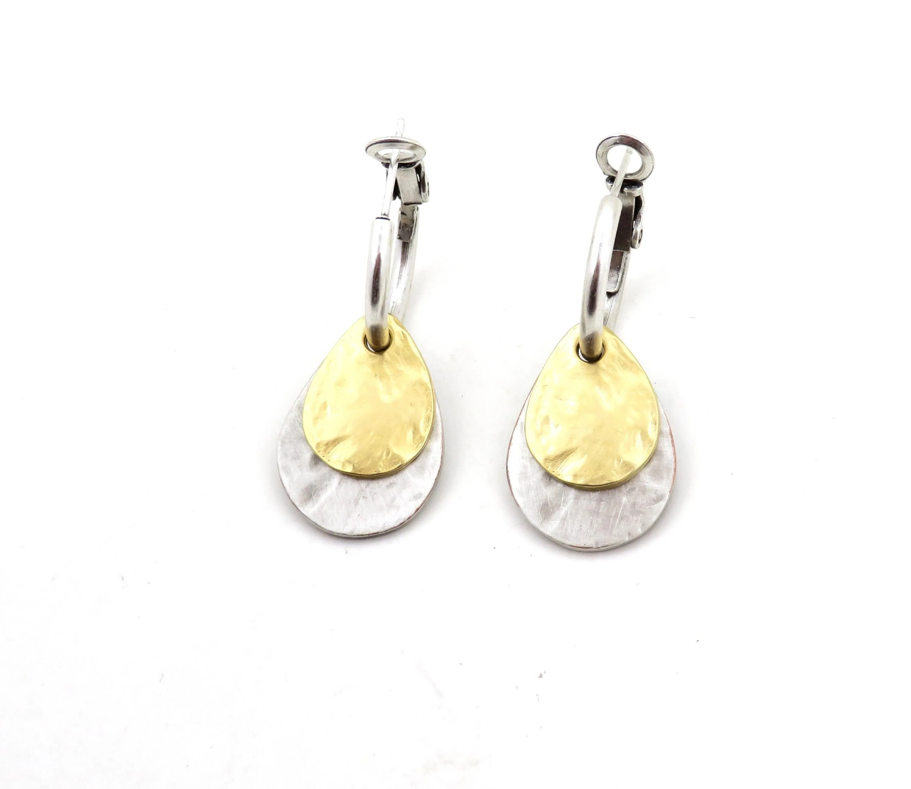 Two Tone Teardrop Hoop Earrings - Silver with Gold