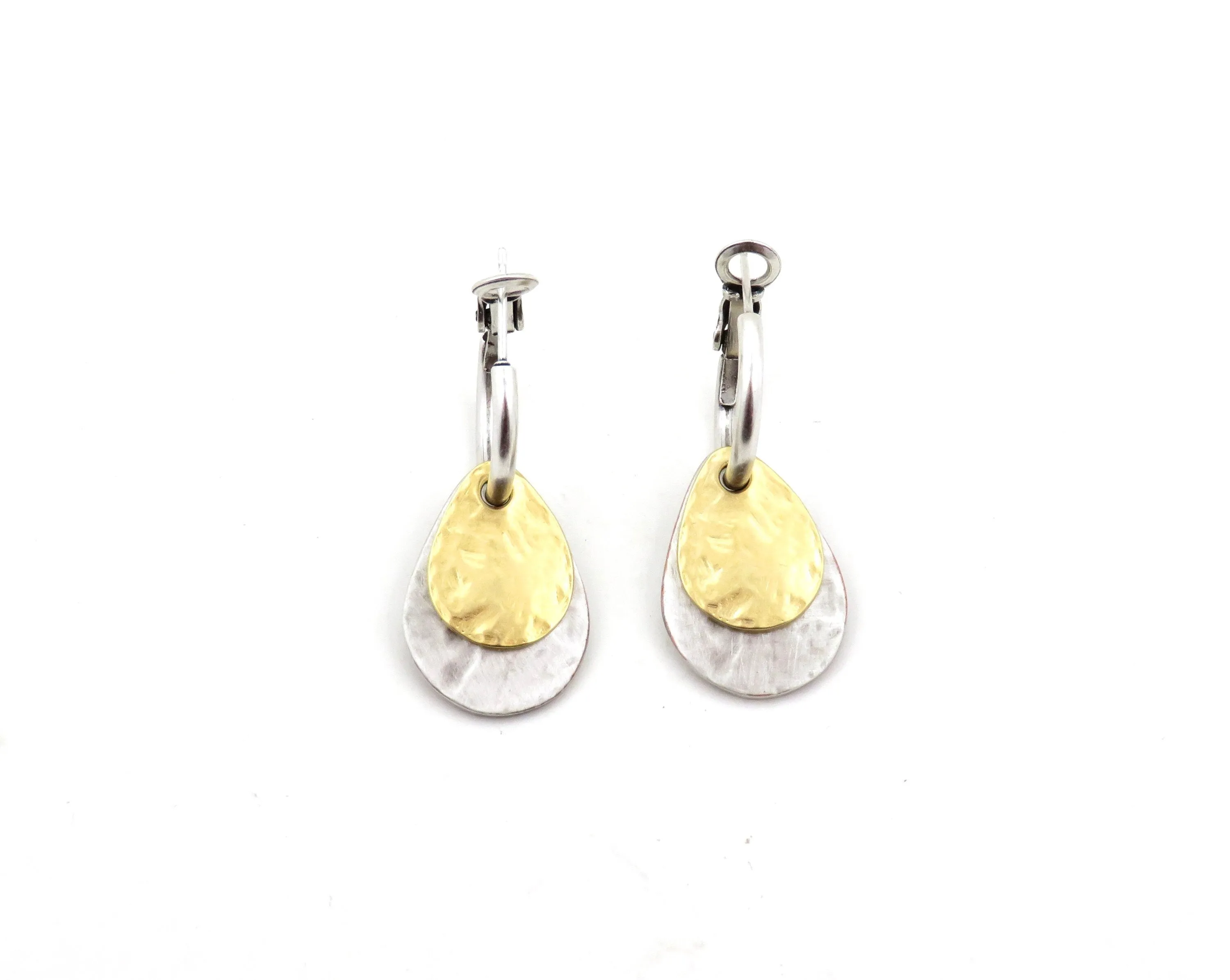 Two Tone Teardrop Hoop Earrings - Silver with Gold