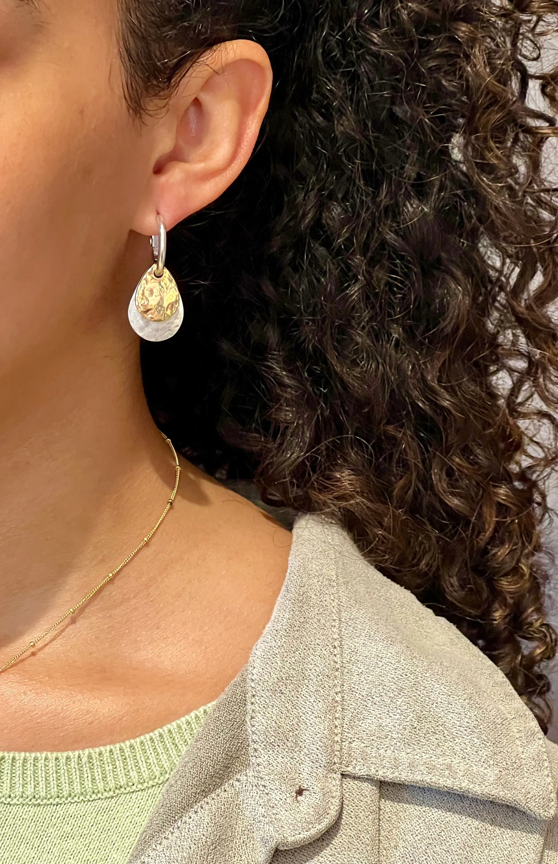 Two Tone Teardrop Hoop Earrings - Silver with Gold