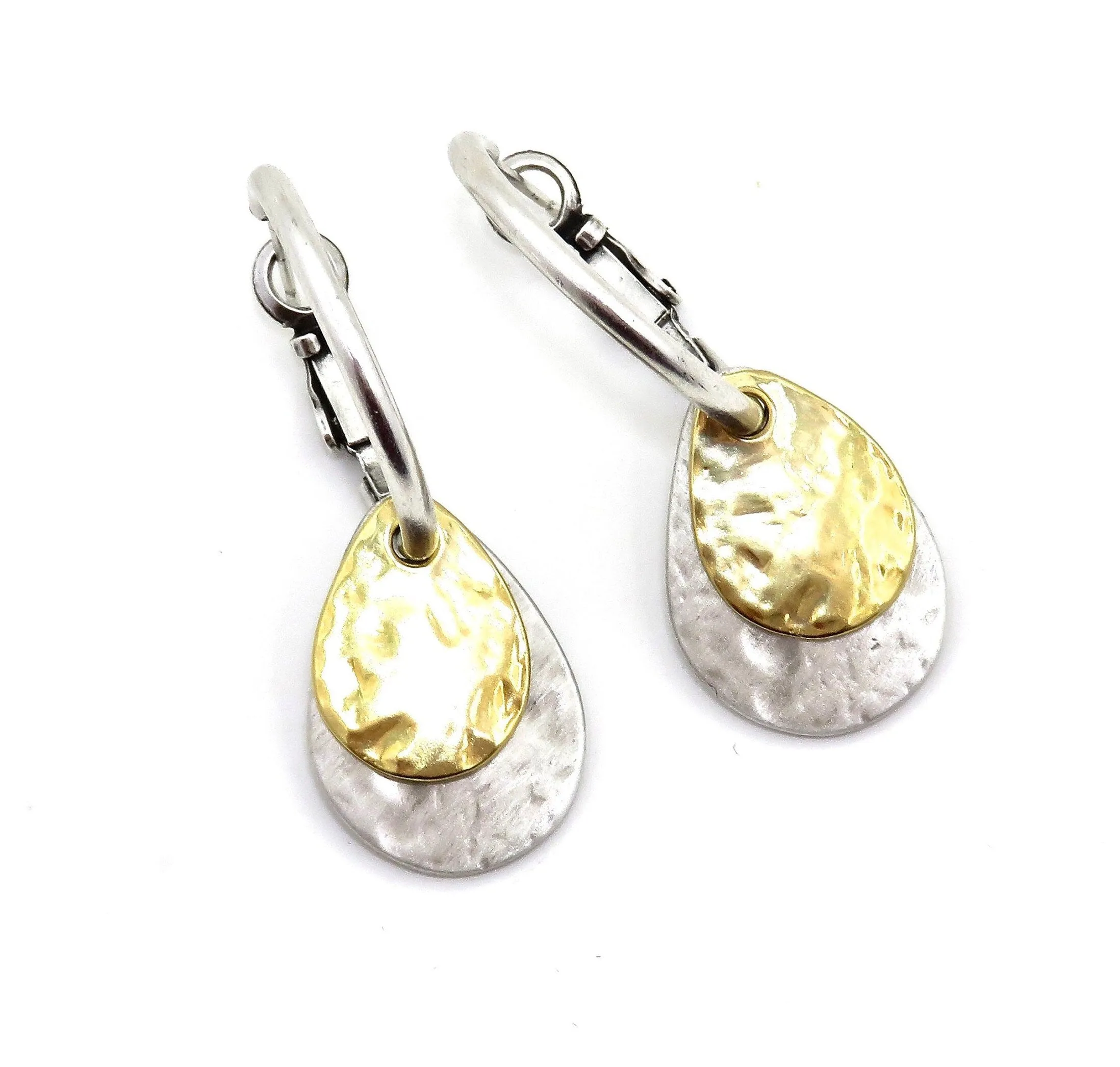 Two Tone Teardrop Hoop Earrings - Silver with Gold
