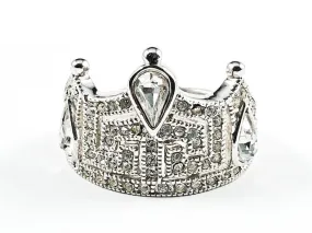 Unique Layered Geometric CZ Pattern Crown Shape Form Silver Ring