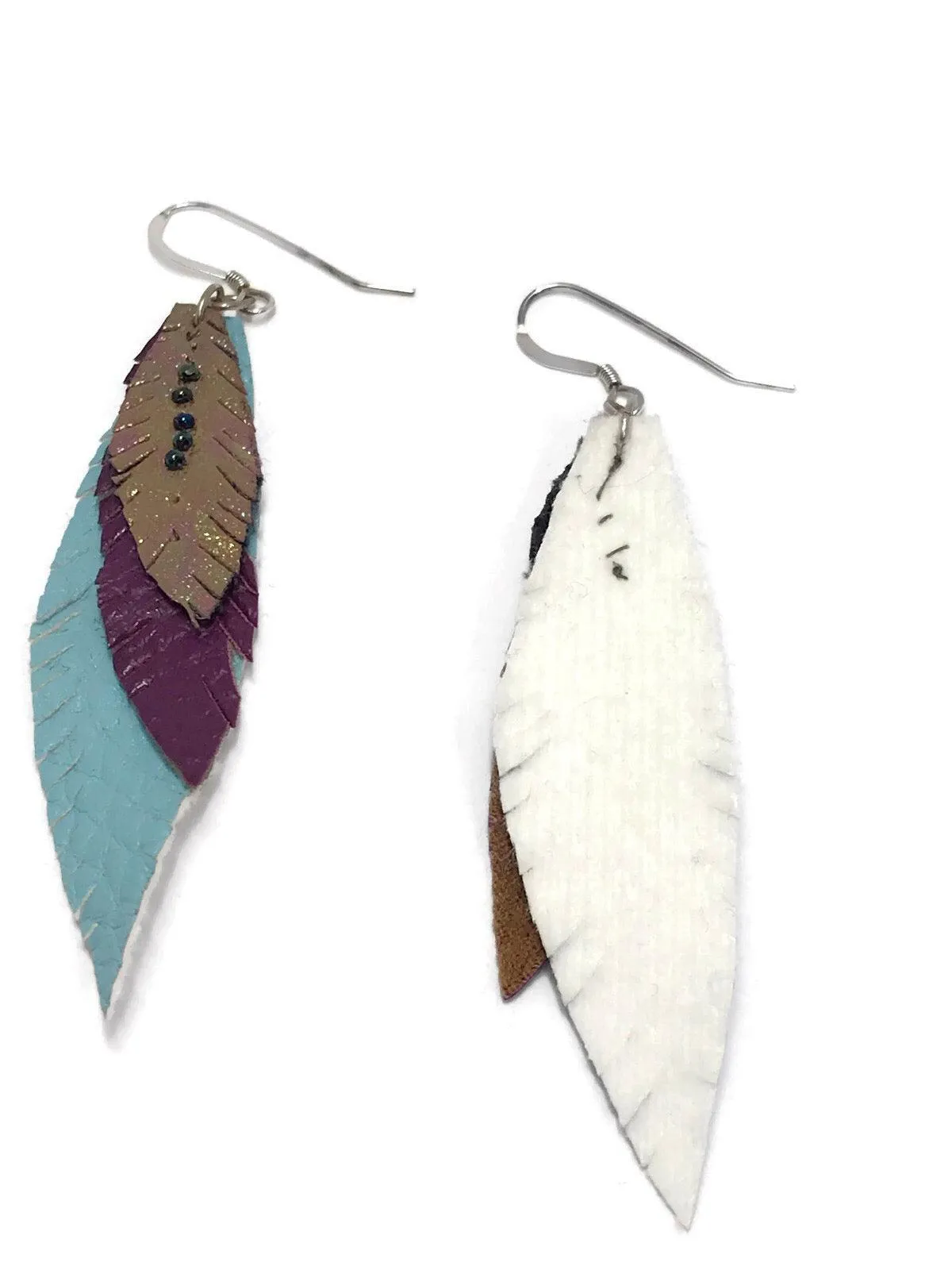 Vegan Leather Feather Earrings, Blue and Gold Earrings
