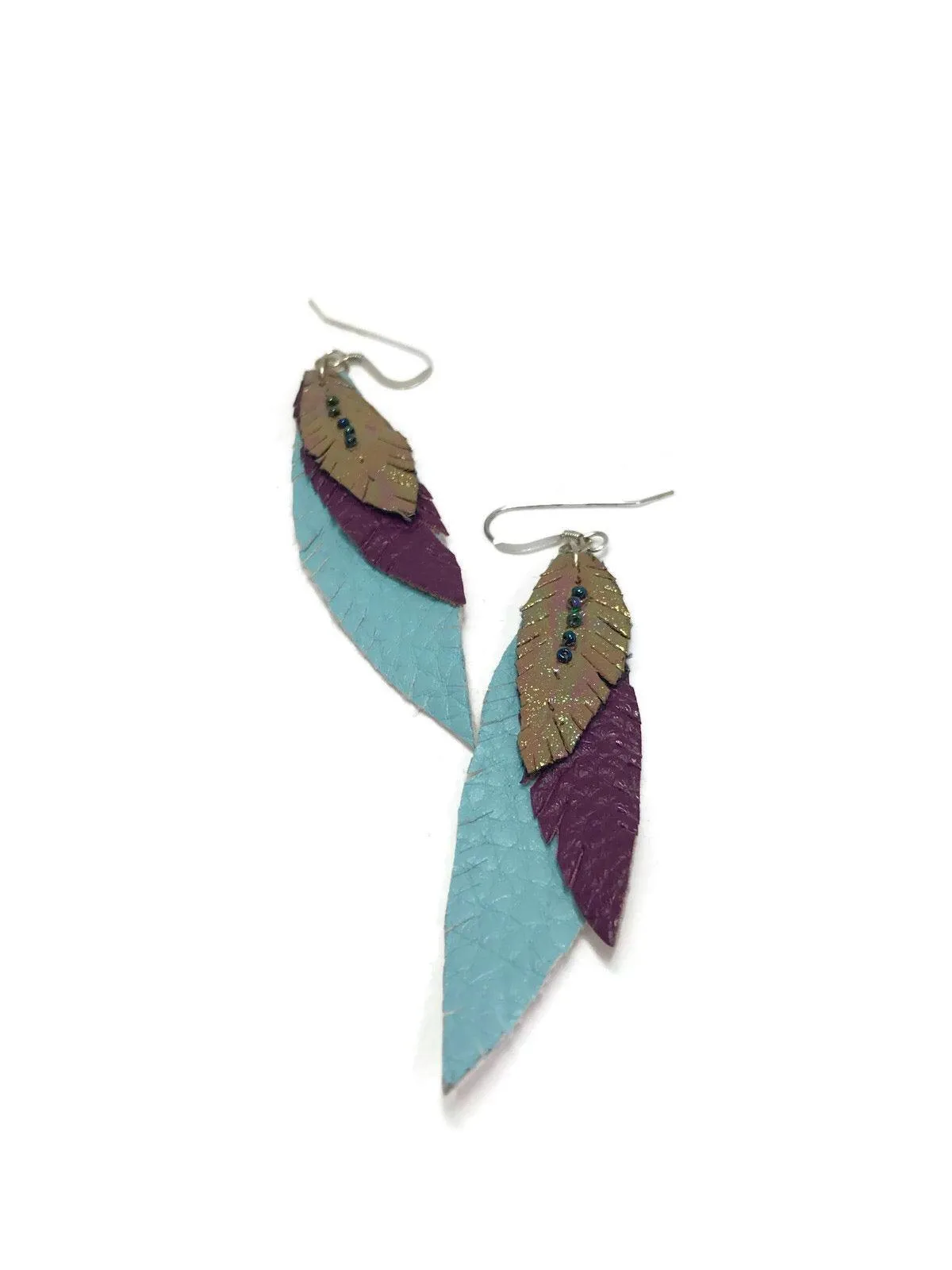 Vegan Leather Feather Earrings, Blue and Gold Earrings