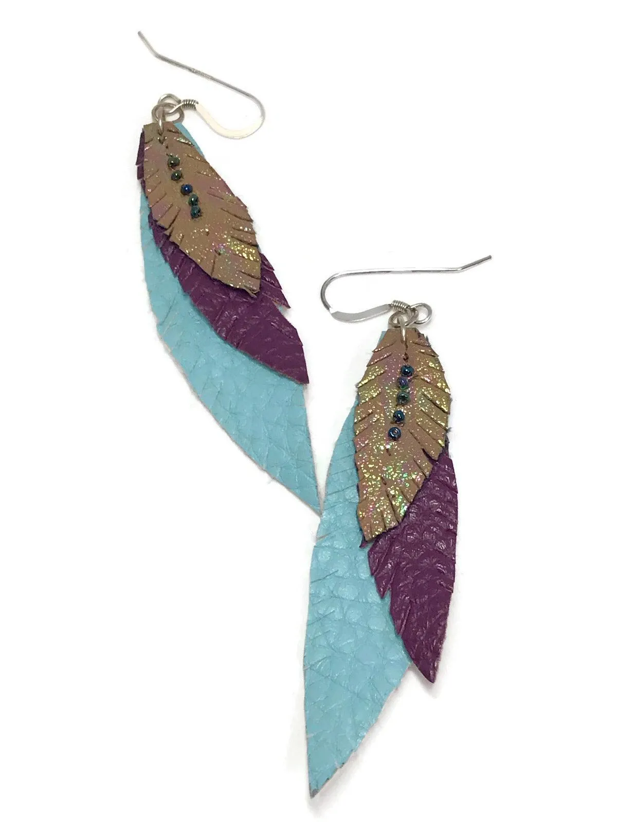 Vegan Leather Feather Earrings, Blue and Gold Earrings