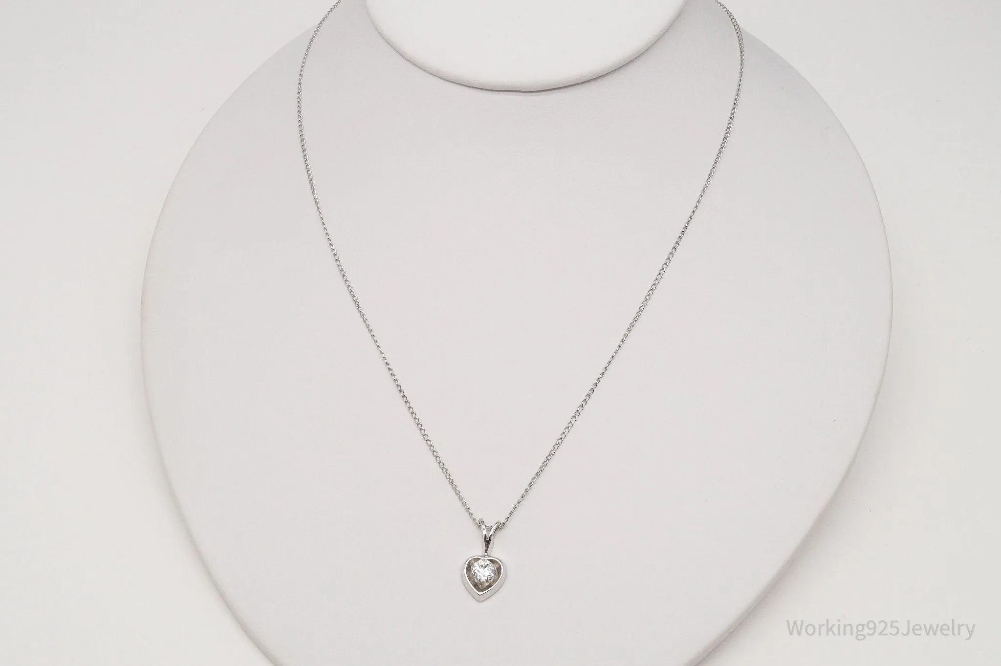 Vintage 1960s White Topaz Heart Sterling Silver Necklace 18"