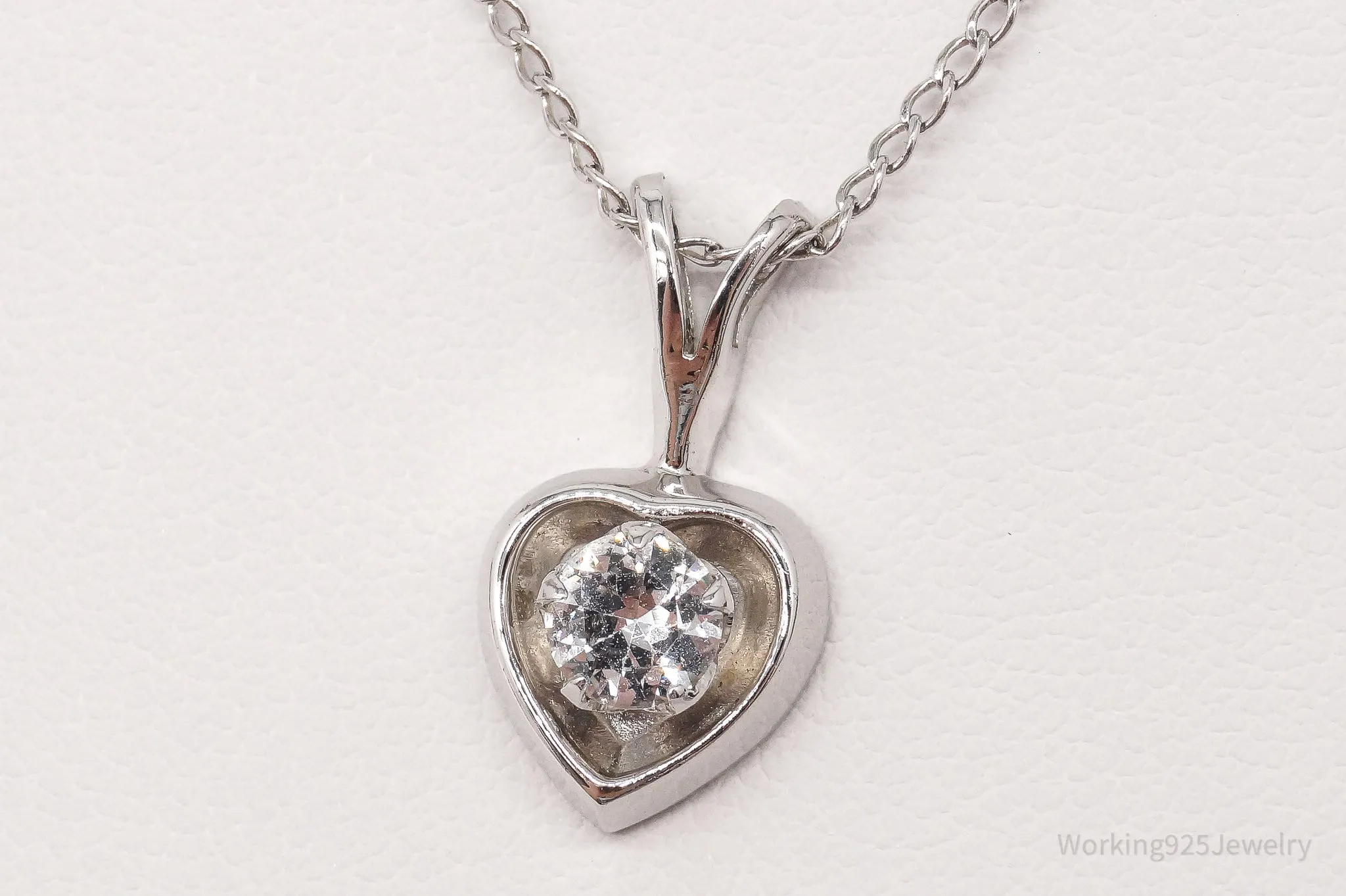 Vintage 1960s White Topaz Heart Sterling Silver Necklace 18"