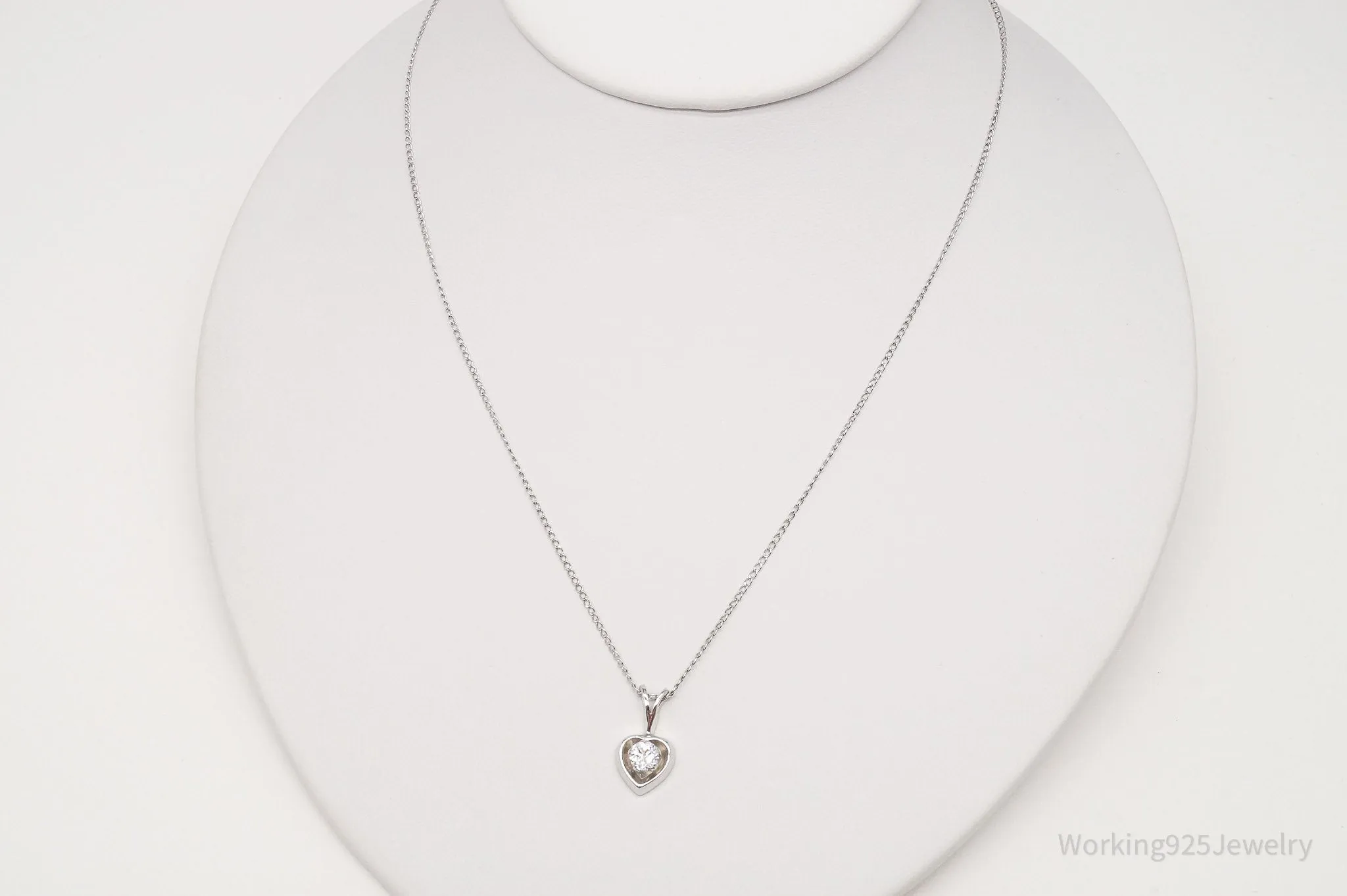 Vintage 1960s White Topaz Heart Sterling Silver Necklace 18"