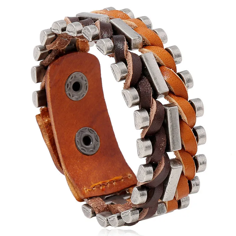 Vintage Cowhide Bracelet Wrap Bracelet Adjustable Metal Inlaid Snap Clasp