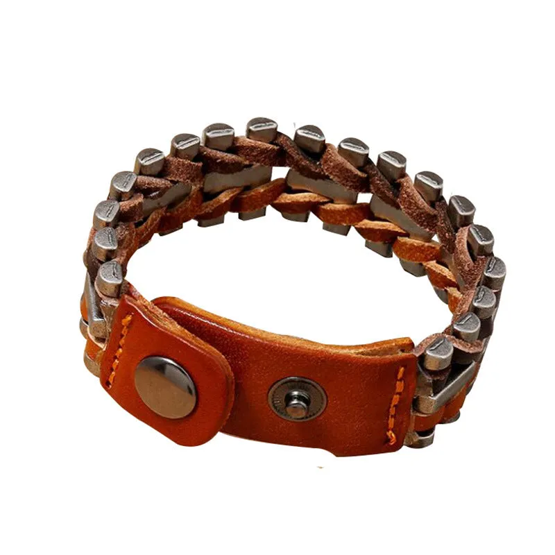 Vintage Cowhide Bracelet Wrap Bracelet Adjustable Metal Inlaid Snap Clasp