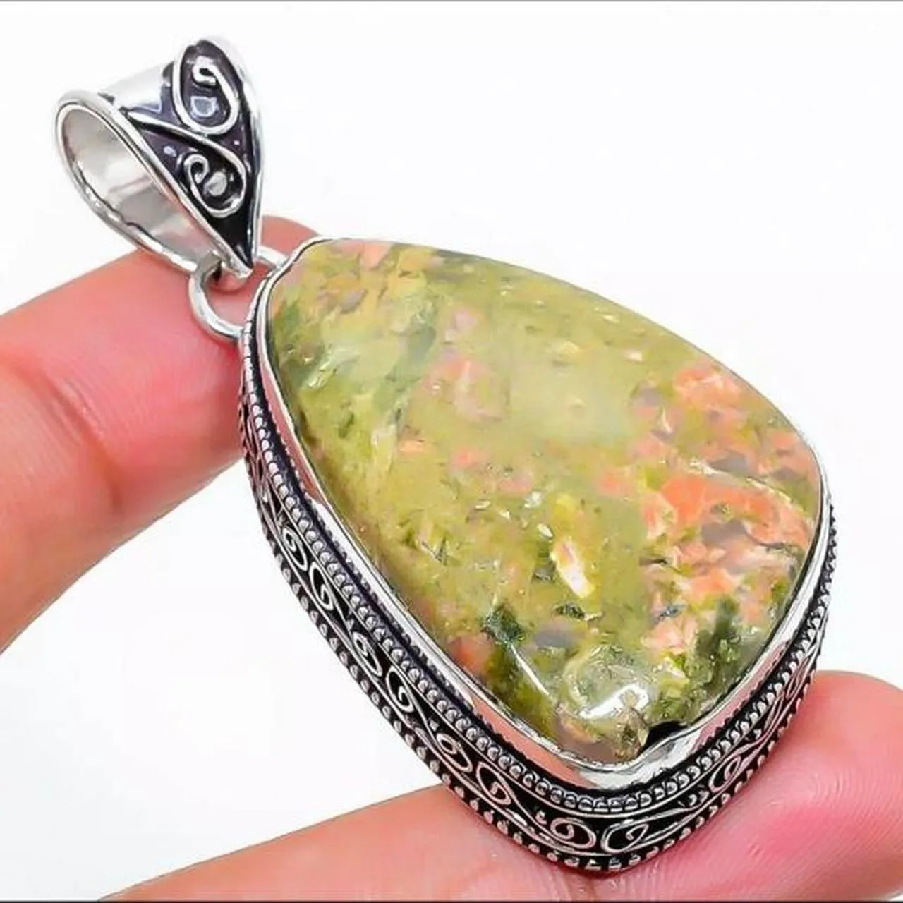 Vintage Design Unakite Gemstone 925 Sterling Silver Jewellery Pendant Gift for Her