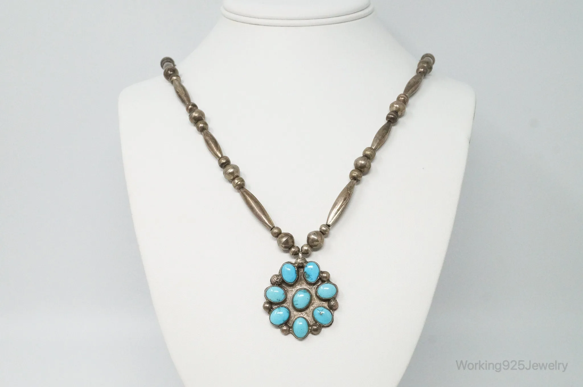 Vintage Handmade Native American Turquoise Sterling Silver Bead Necklace