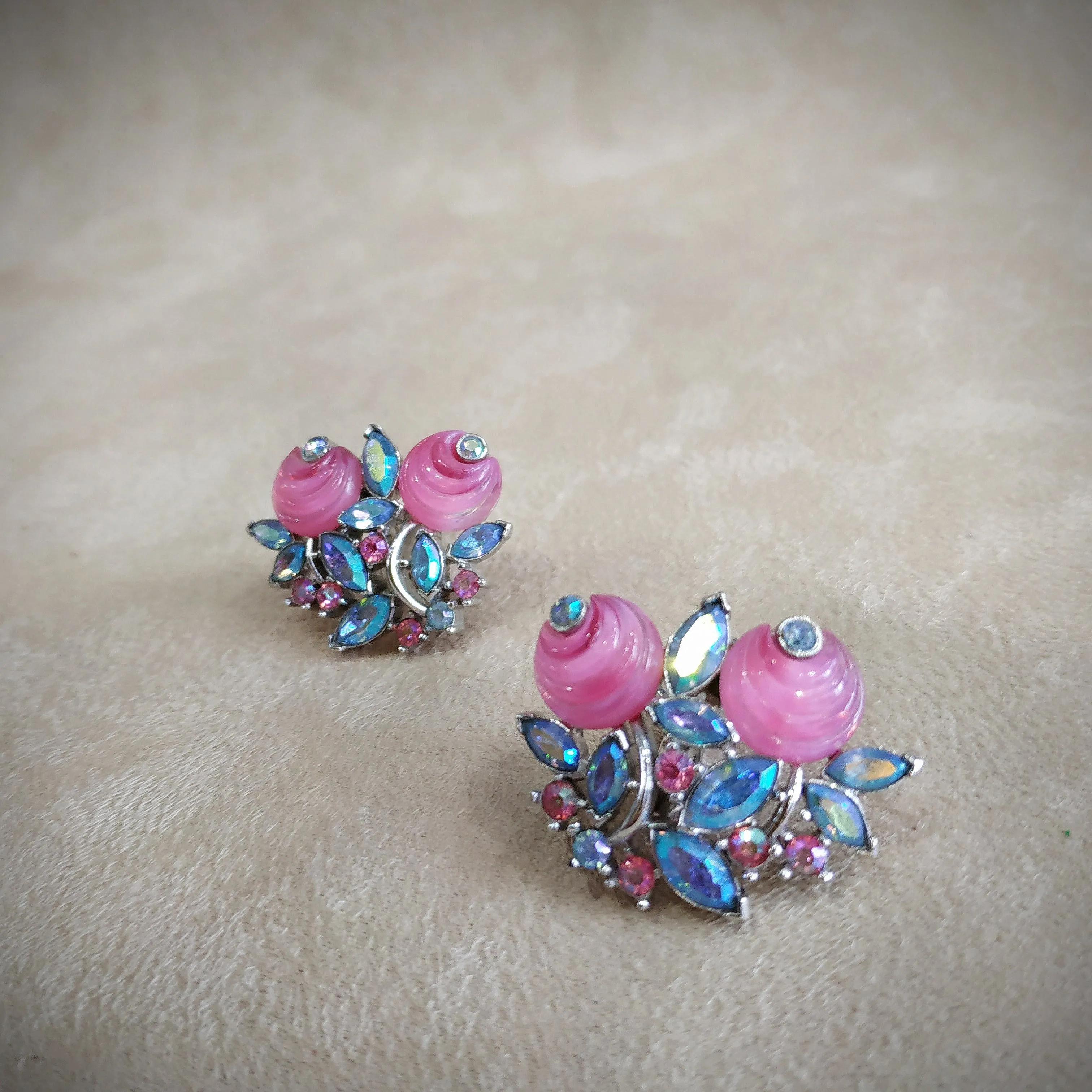 Vintage Trifari Pink Aurora Borealis Berry Earrings