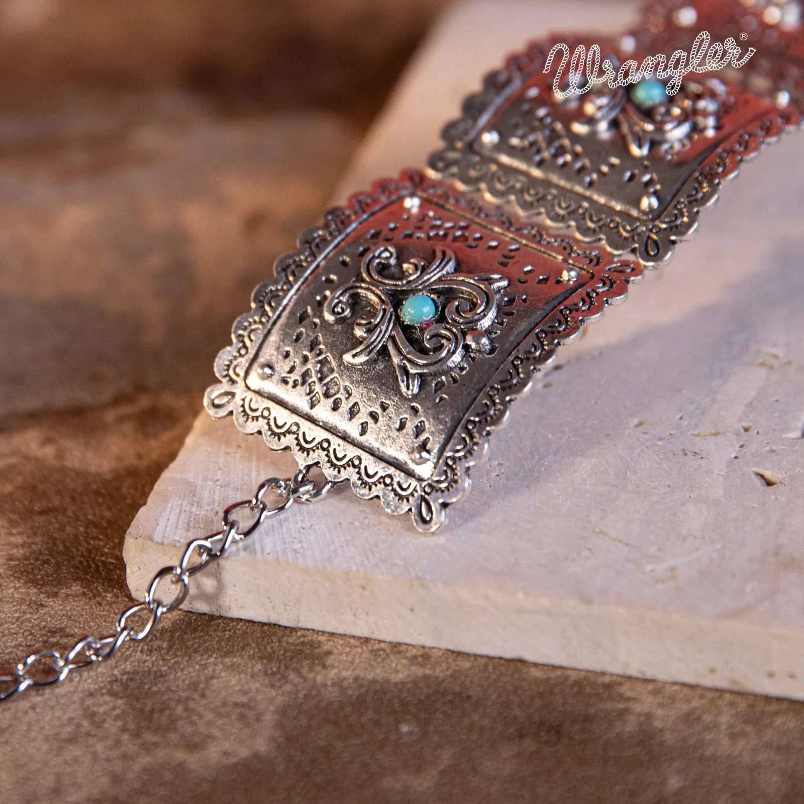 WGW-1004 Wrangler  Silver Chain Concho Cuff Bracelet Turquoise Stone - Turquoise