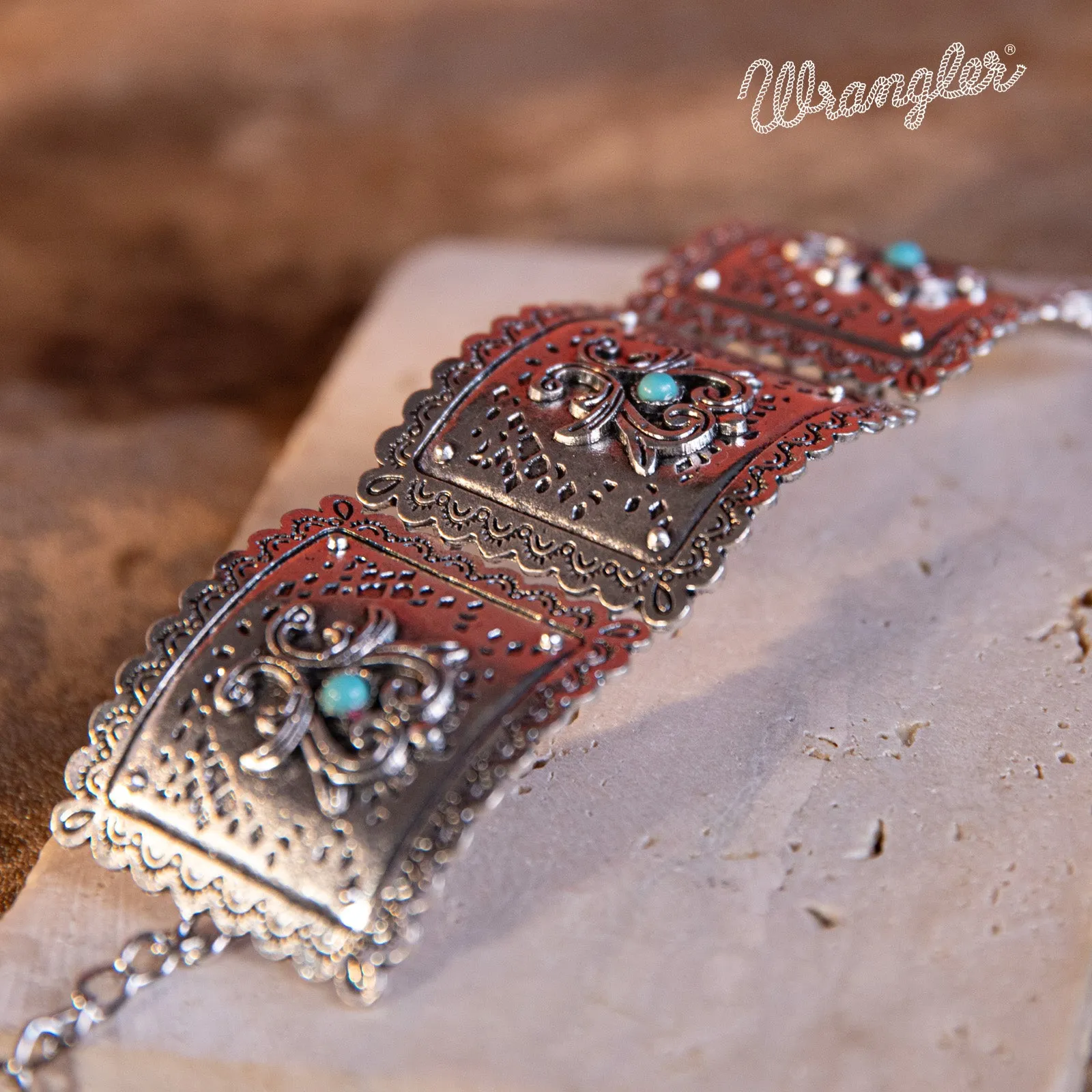 WGW-1004 Wrangler  Silver Chain Concho Cuff Bracelet Turquoise Stone - Turquoise