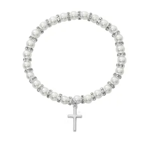 White Baby Stretch Bracelet and Sterling Cross Boxed  - BR44