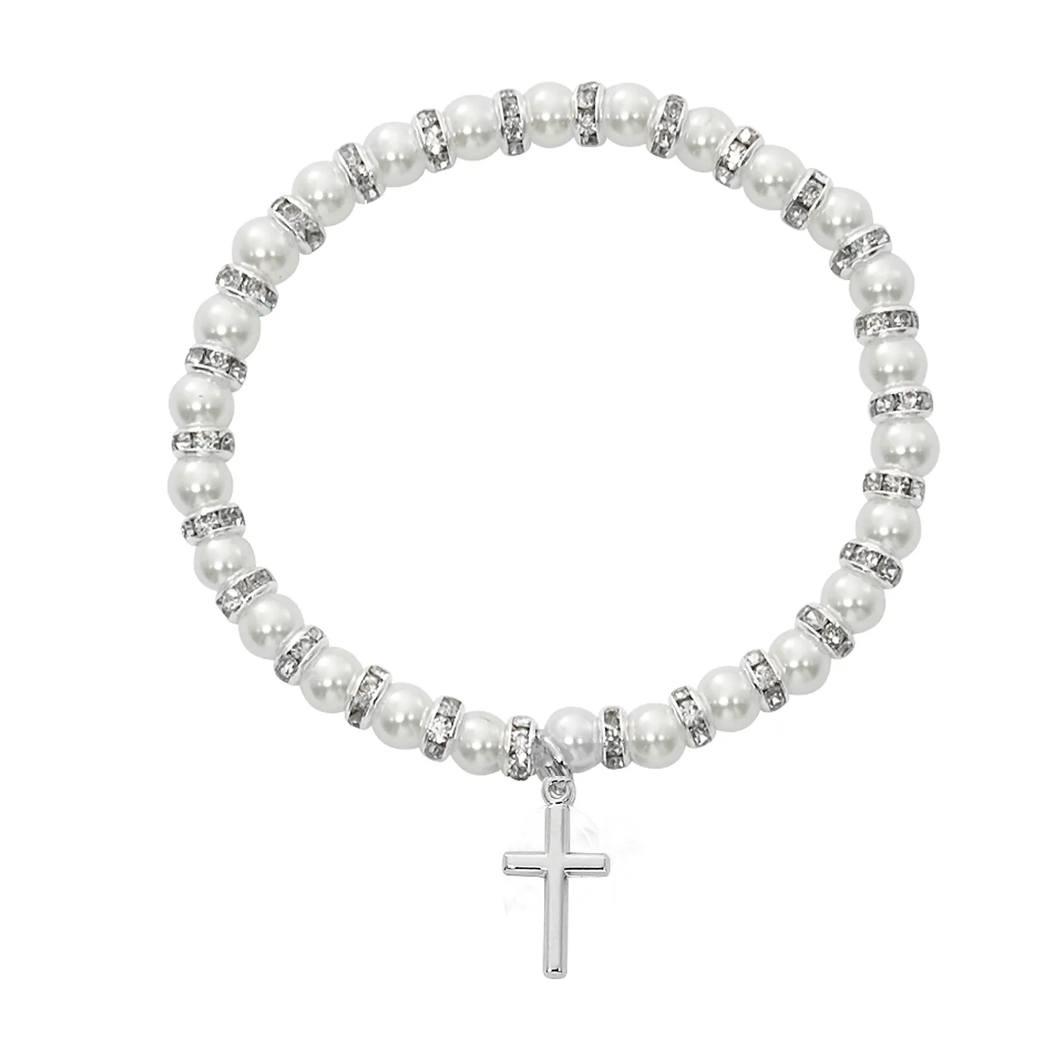 White Baby Stretch Bracelet and Sterling Cross Boxed  - BR44