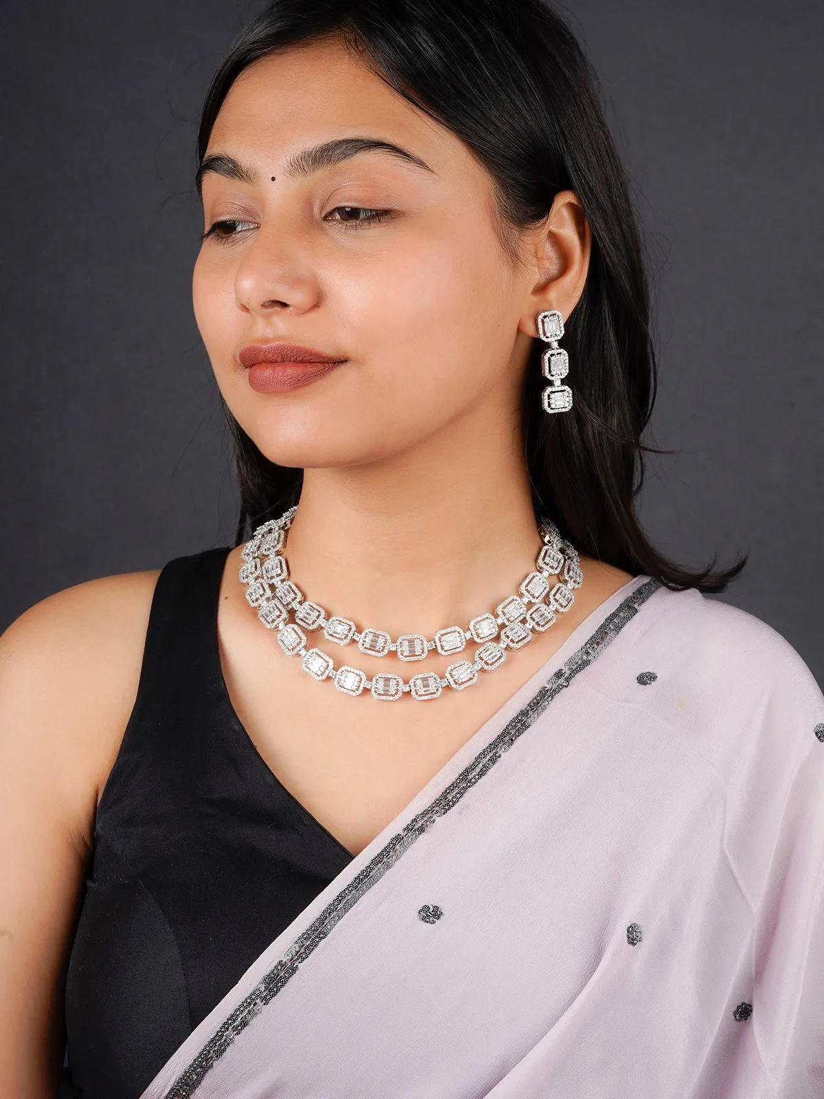 White Color Silver Plated Faux Diamond Necklace Set - CZSET333