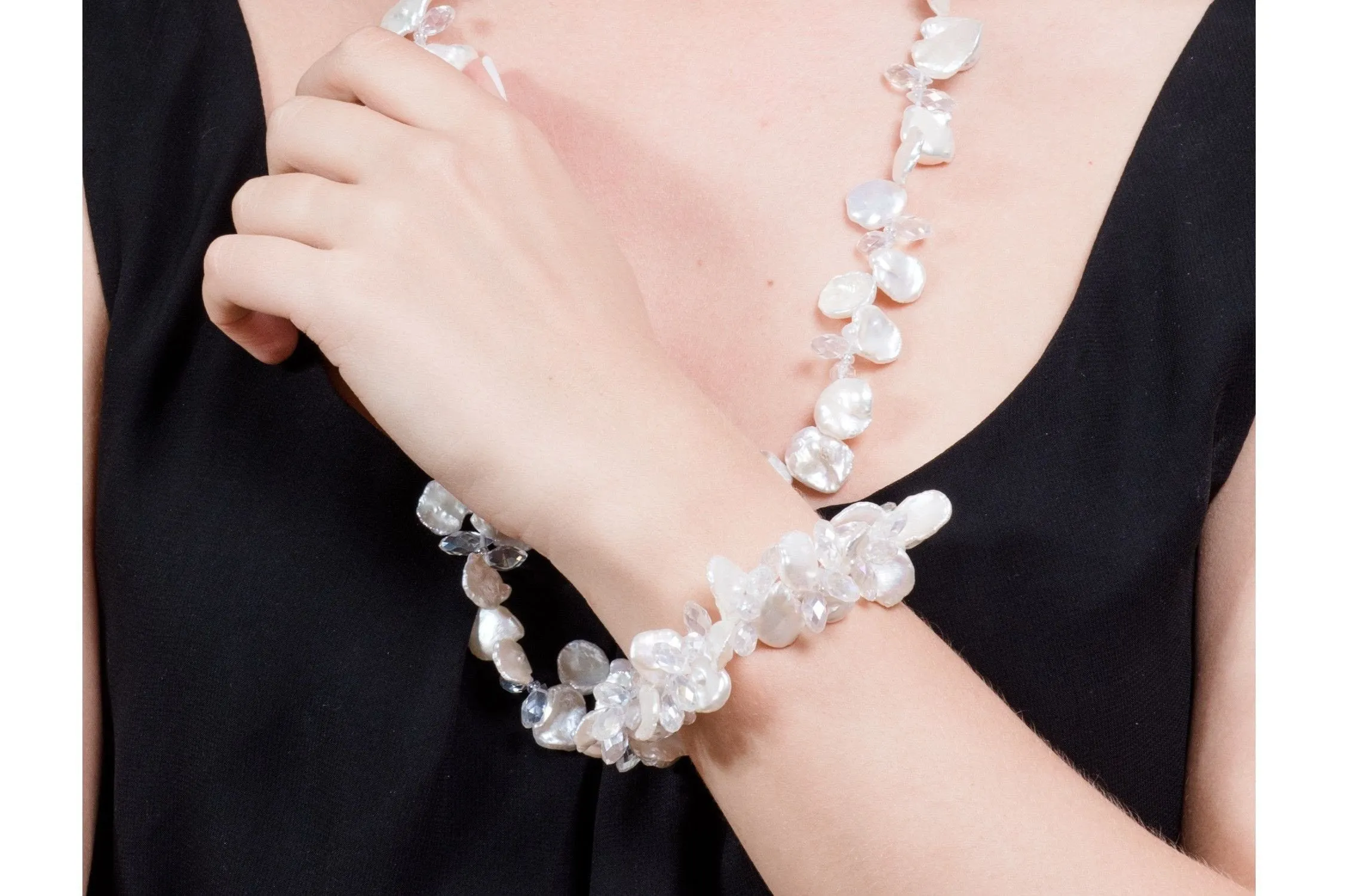White Freshwater Keshi Pearl with Crystal Necklace and Bracelet Set