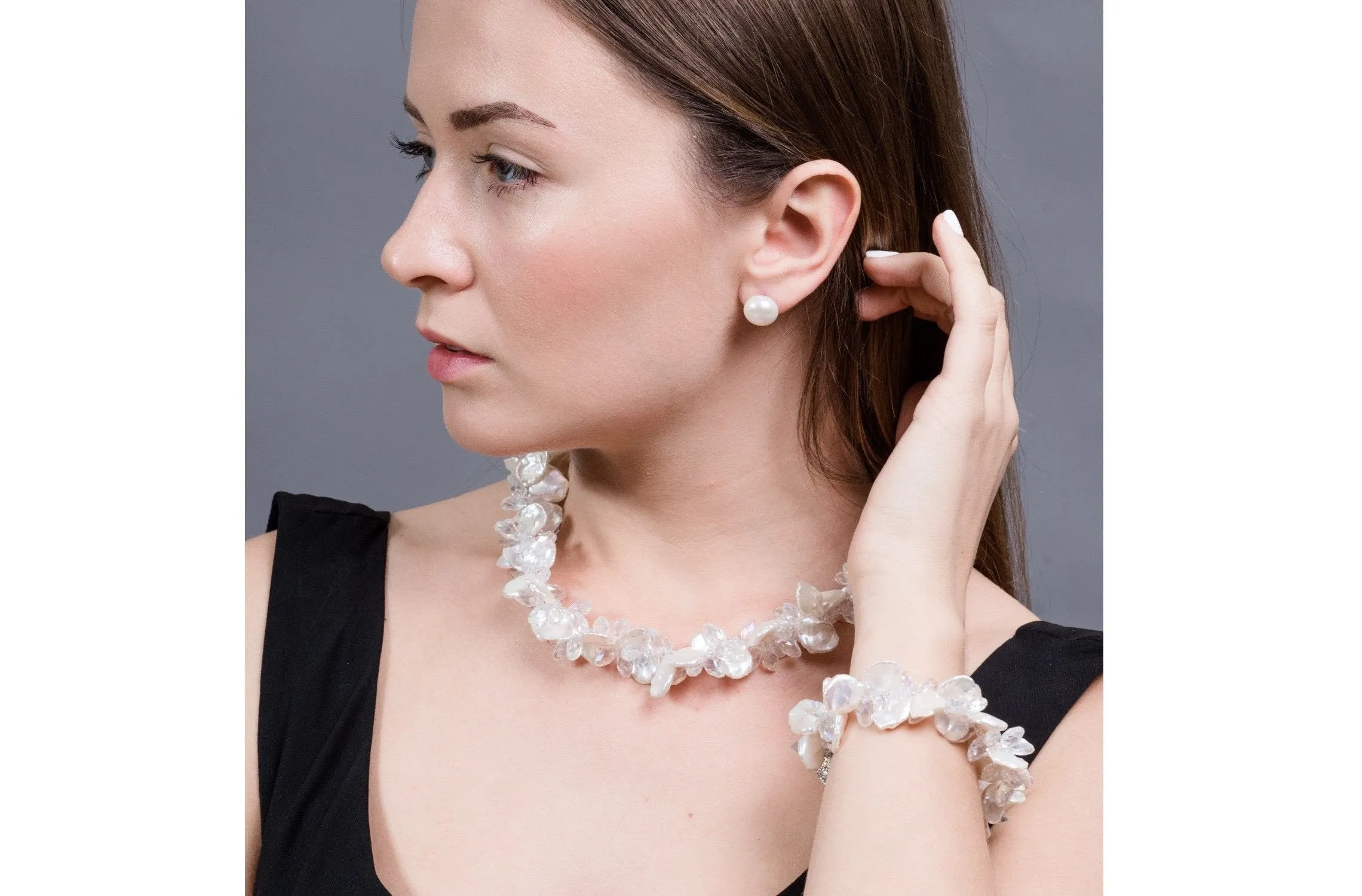 White Freshwater Keshi Pearl with Crystal Necklace and Bracelet Set