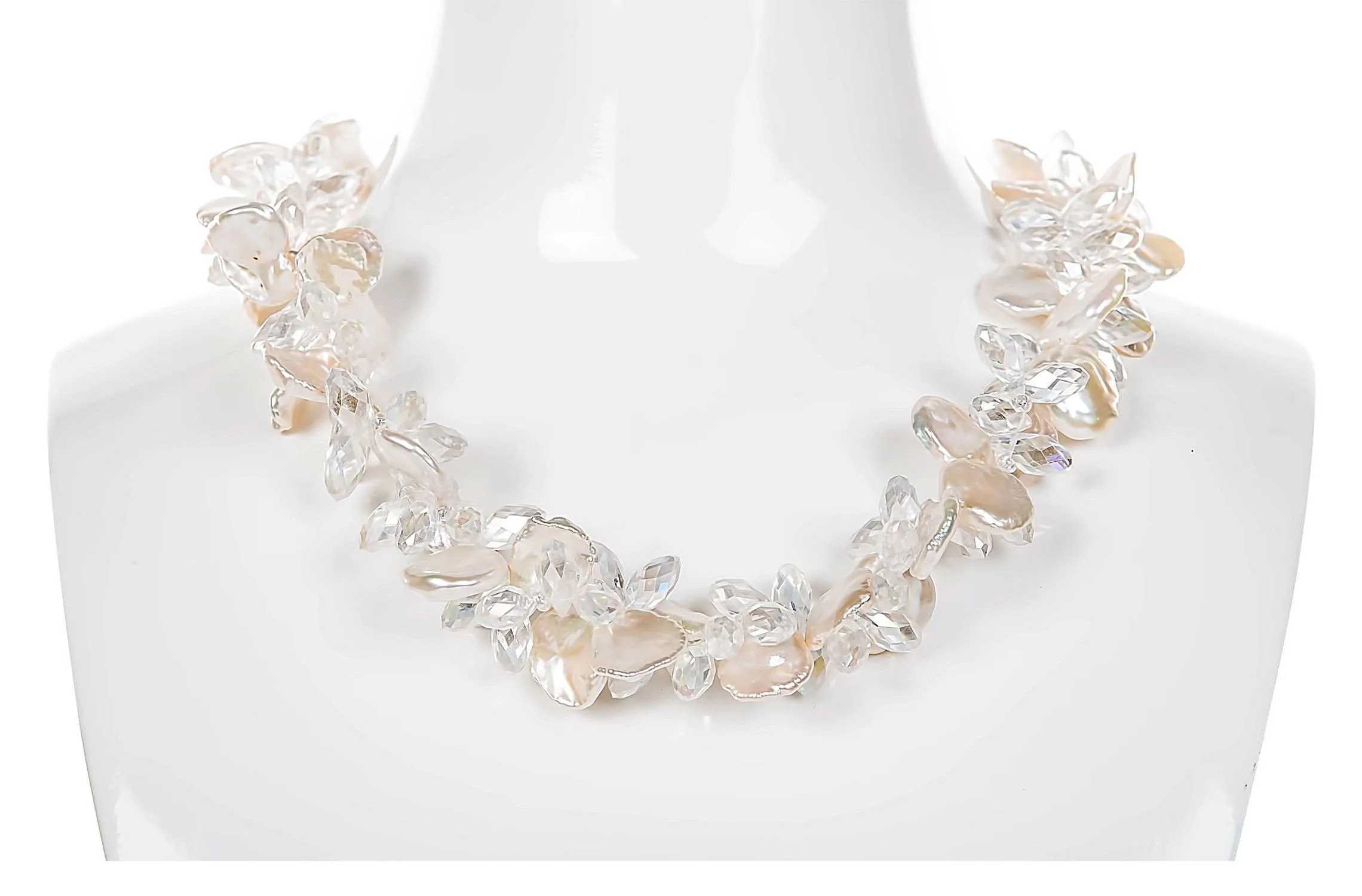 White Freshwater Keshi Pearl with Crystal Necklace and Bracelet Set