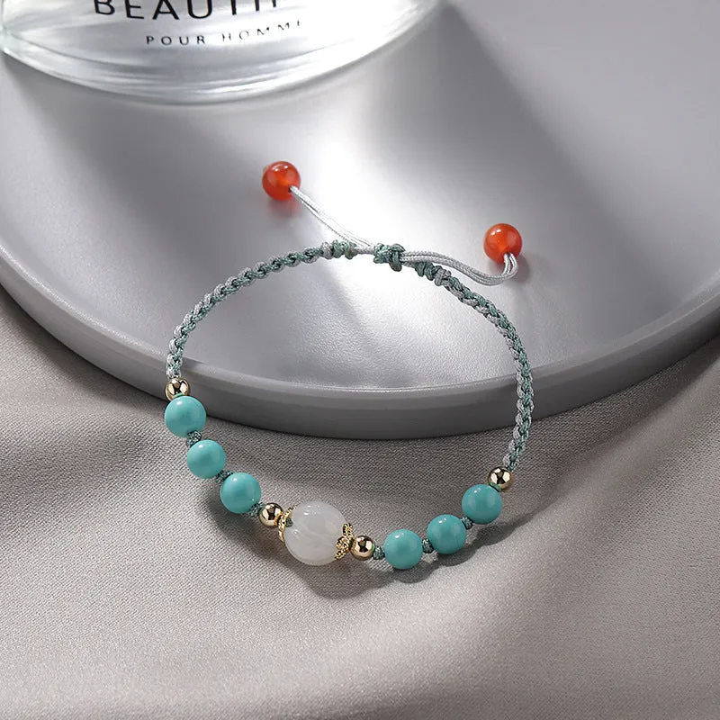 Women's Sterling Silver Braided Bracelet with Natural Turquoise, Red Agate, and Jade Beads