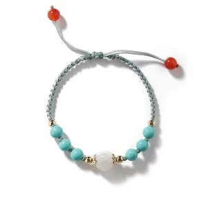 Women's Sterling Silver Braided Bracelet with Natural Turquoise, Red Agate, and Jade Beads
