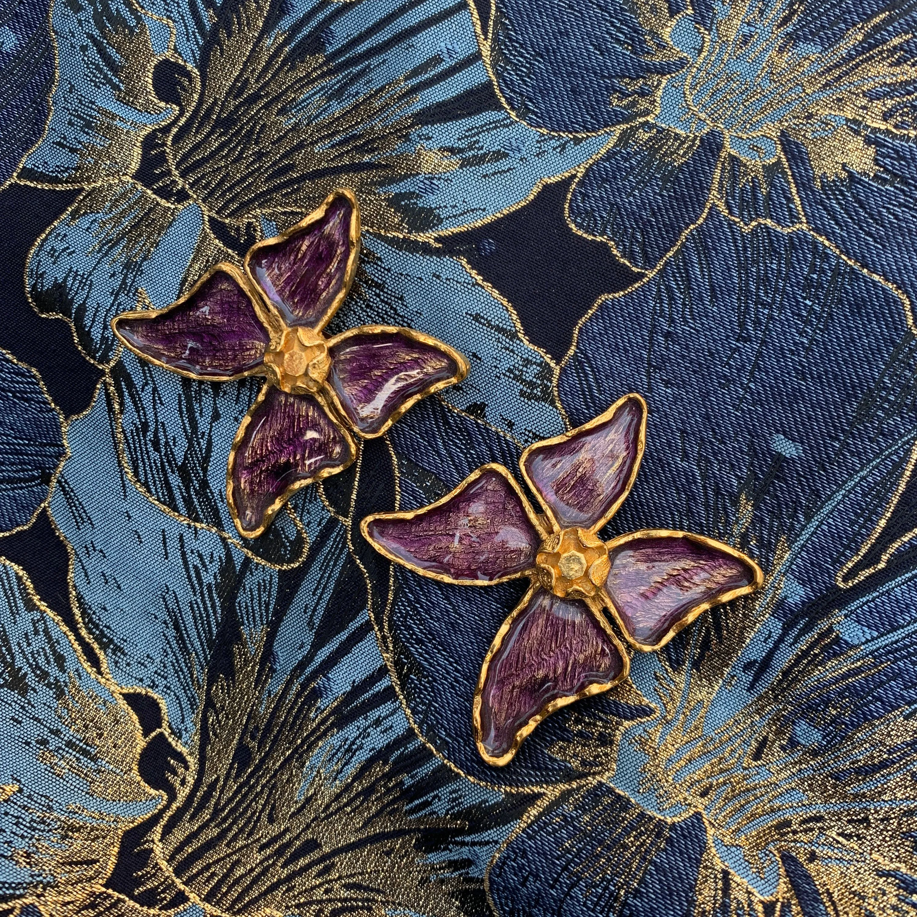 YSL Butterfly Earrings Purple Enamel Yves Saint Laurent Clip on