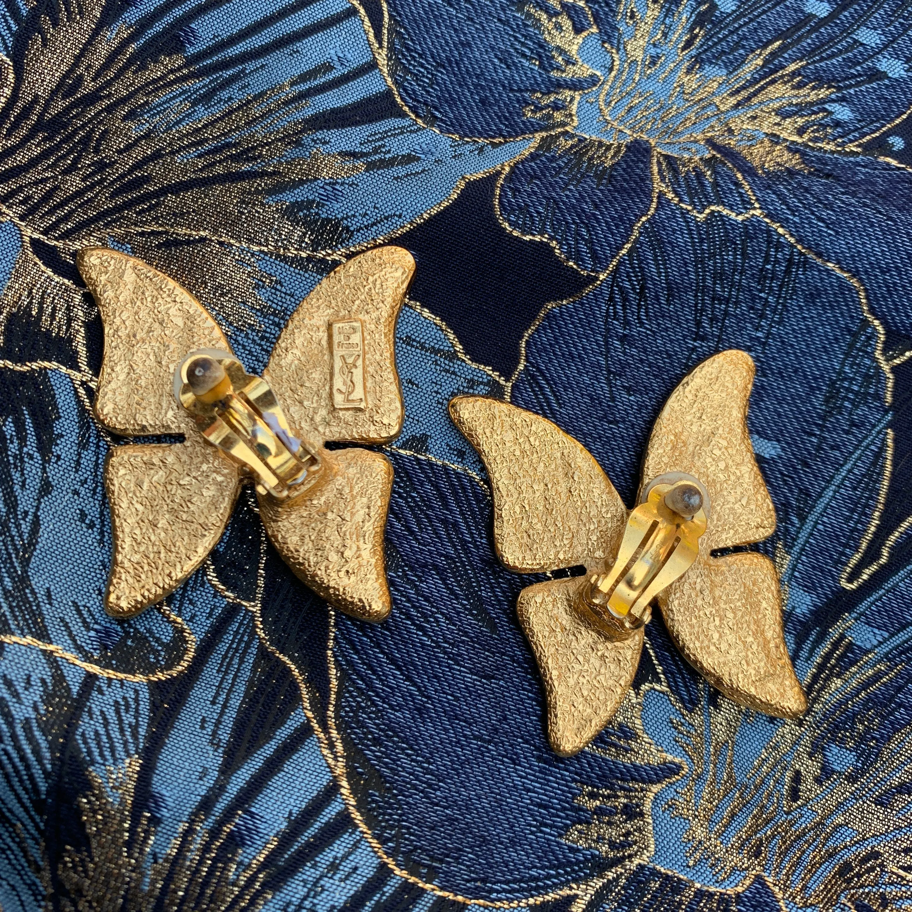 YSL Butterfly Earrings Purple Enamel Yves Saint Laurent Clip on