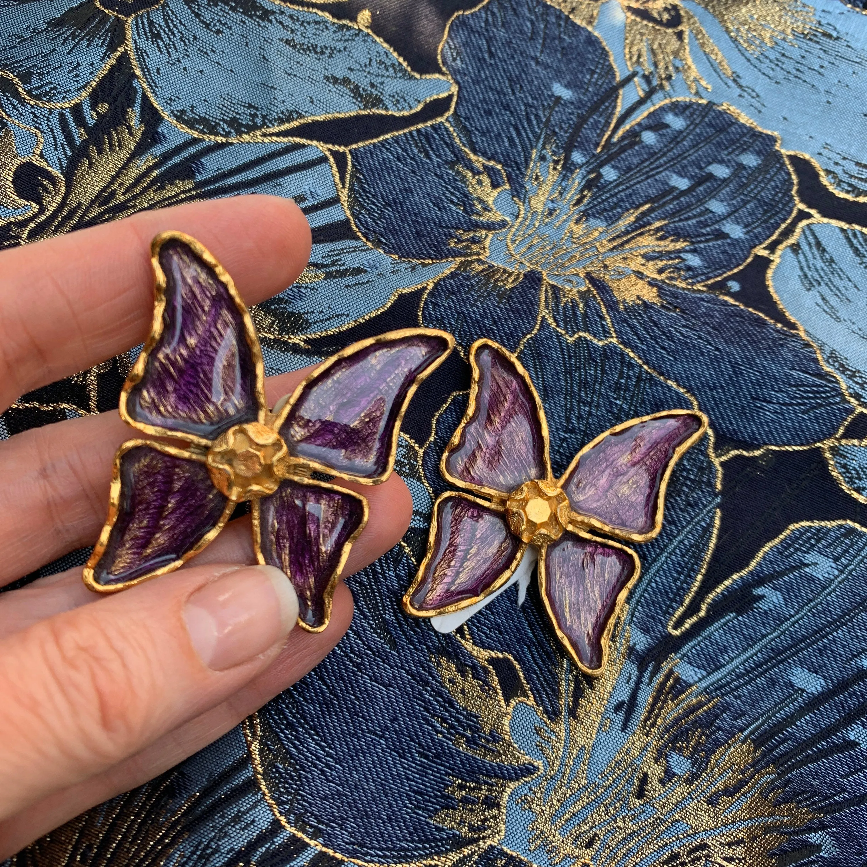 YSL Butterfly Earrings Purple Enamel Yves Saint Laurent Clip on