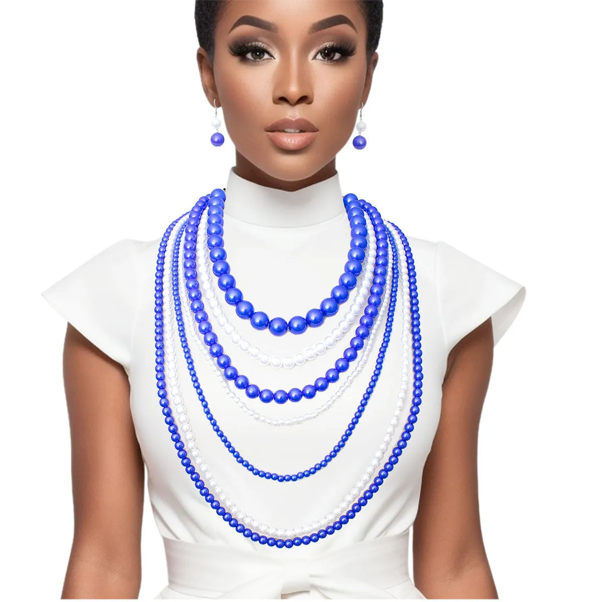 ZPB Zeta Phi Beta Sorority Blue White Pearl Long 7 Row Necklace
